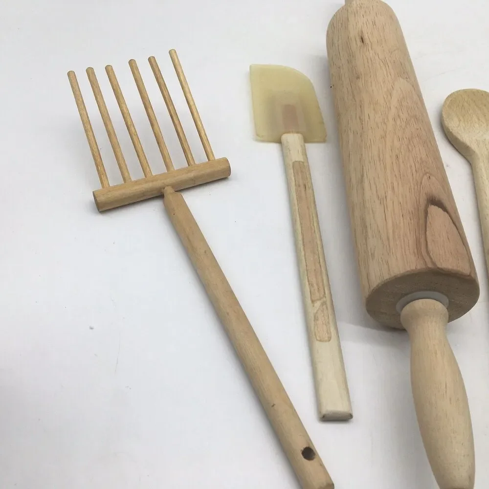Vtg Lot Of 9 Wooden Kitchen Utensils Fork Wooden spoon Spatula Rolling Pin